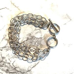 Chunky Multi Strand Bracelet Oval Link Silver Tone Adjustable Toggle Close Y2K